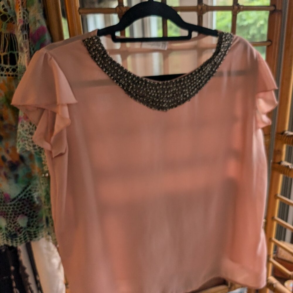 Vintage sheer soft chiffon top with beaded neckline L/XL